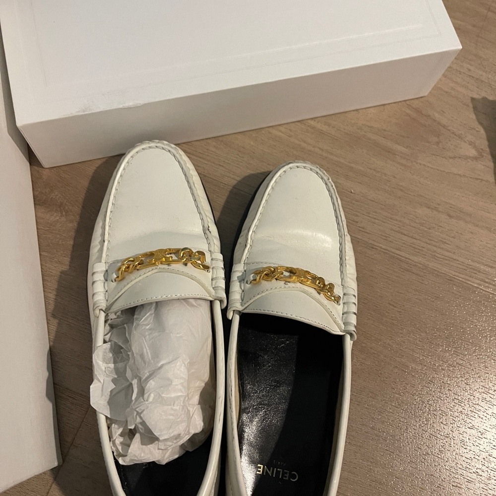 Celine White Flats with Gold Chain Detail